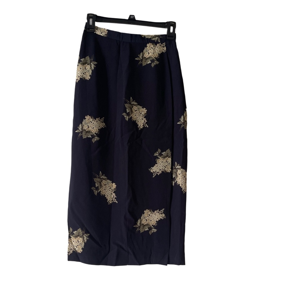 Vintage 90s Talbots Petites 6P Navy Floral Midi Skirt  Rayon Lined Made in USA